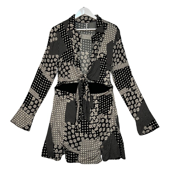 Free People Dresses & Skirts - Free People Black Miki Patchwork Dress Women L Tie Front Cut Out Long Sleeve
